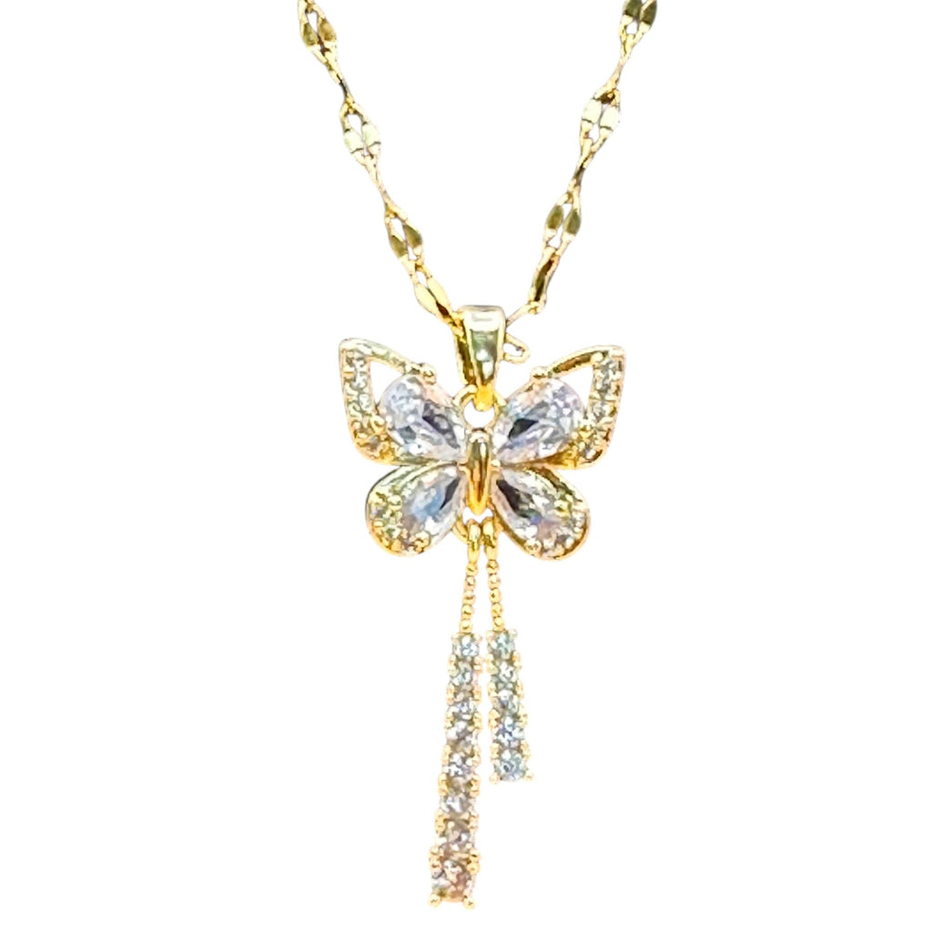 Beautiful Micro Inlaid Zircon Butterfly Tassel Pendant Necklace For Women Stainless Steel Gold Colour Chain Butterfly Flower Jewellery