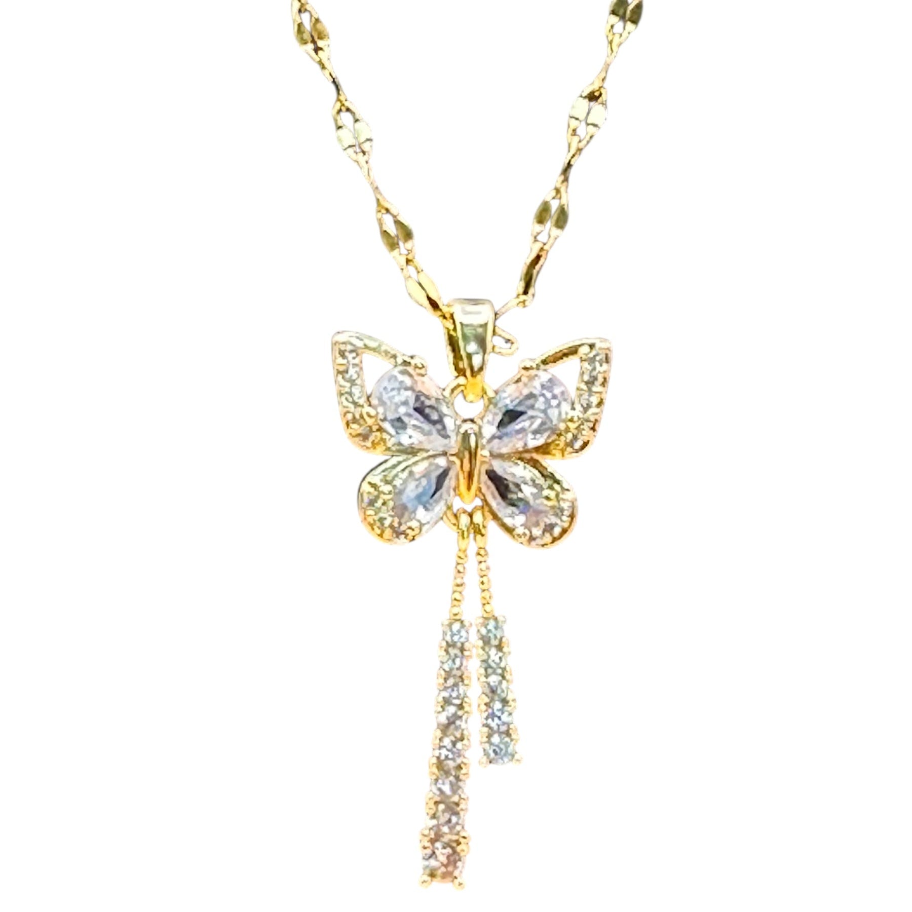 Beautiful Micro Inlaid Zircon Butterfly Tassel Pendant Necklace For Women Stainless Steel Gold Colour Chain Butterfly Flower Jewellery