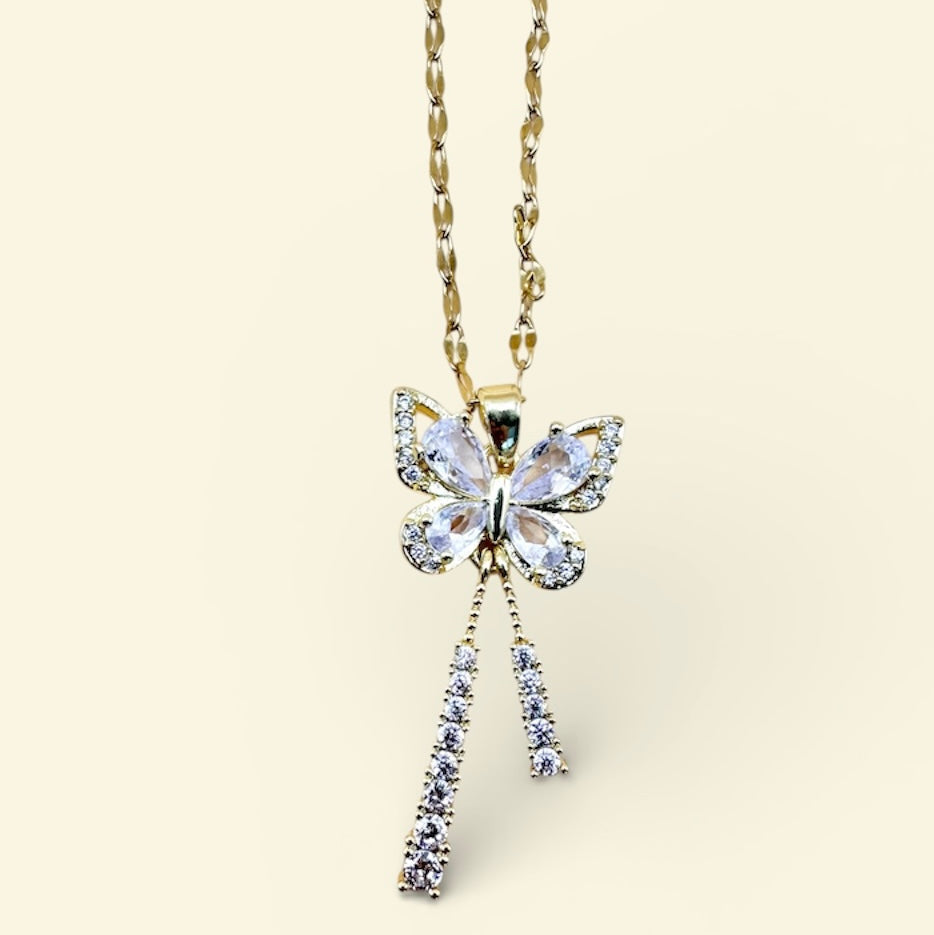 Beautiful Micro Inlaid Zircon Butterfly Tassel Pendant Necklace For Women Stainless Steel Gold Colour Chain Butterfly Flower Jewellery
